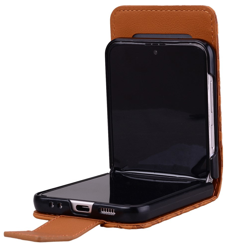 For Samsung Galaxy Z Flip7 5G Case Rhombus Pattern Leather Phone Cover with Wrist Strap - Brown
