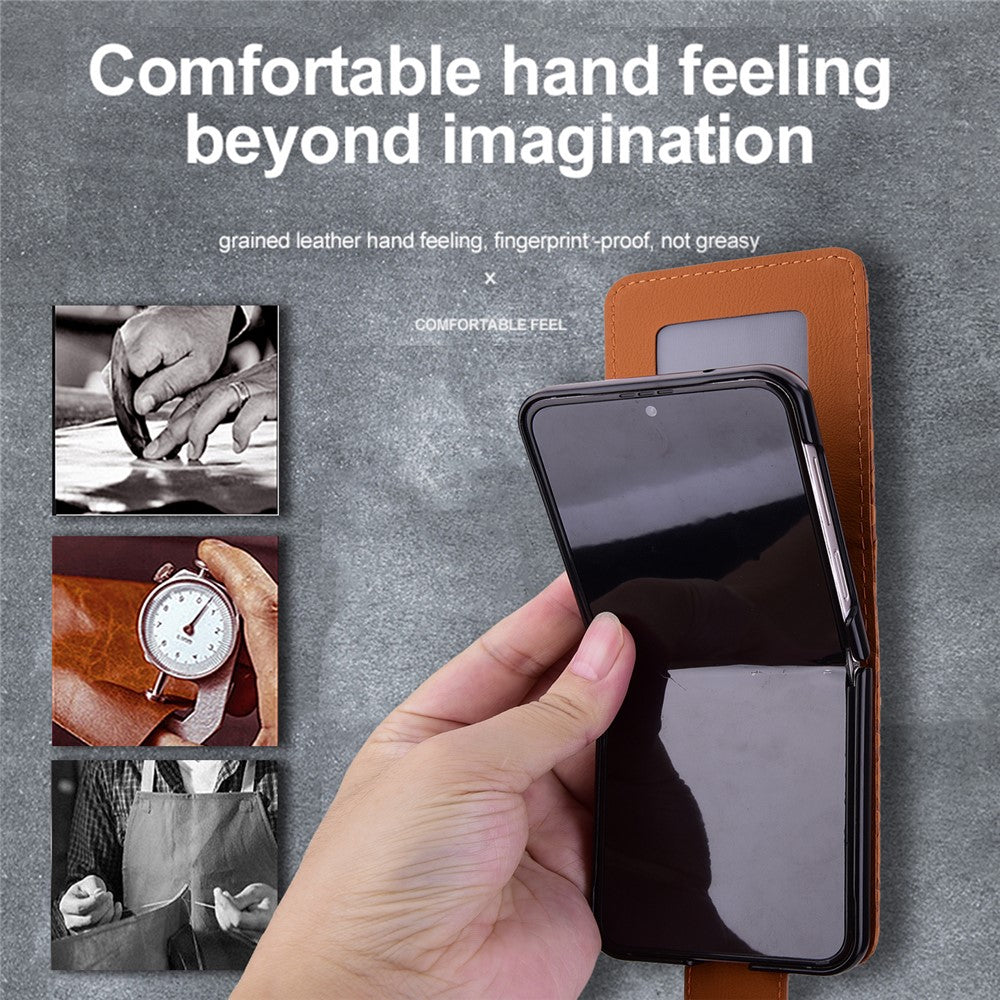 For Samsung Galaxy Z Flip7 5G Case Rhombus Pattern Leather Phone Cover with Wrist Strap - Brown
