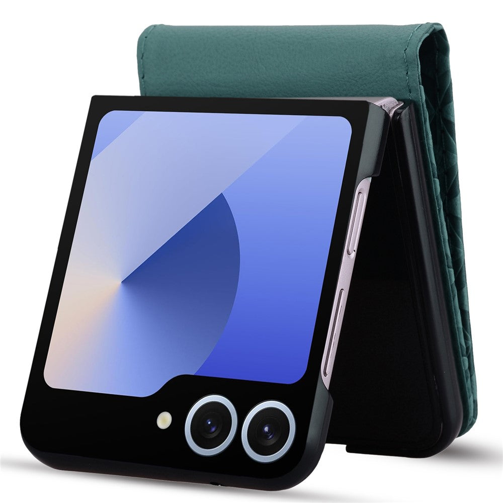 For Samsung Galaxy Z Flip7 5G Case Rhombus Pattern Leather Phone Cover with Wrist Strap - Green