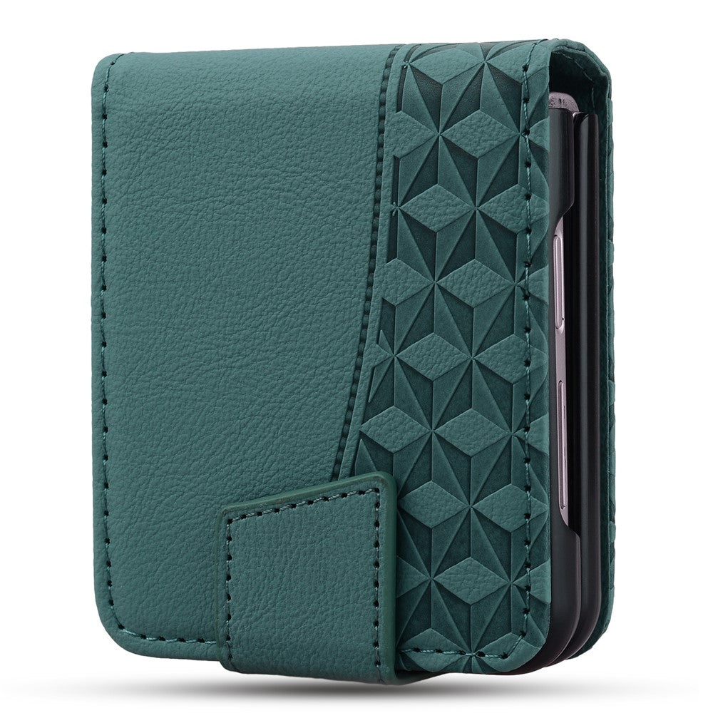 For Samsung Galaxy Z Flip7 5G Case Rhombus Pattern Leather Phone Cover with Wrist Strap - Green