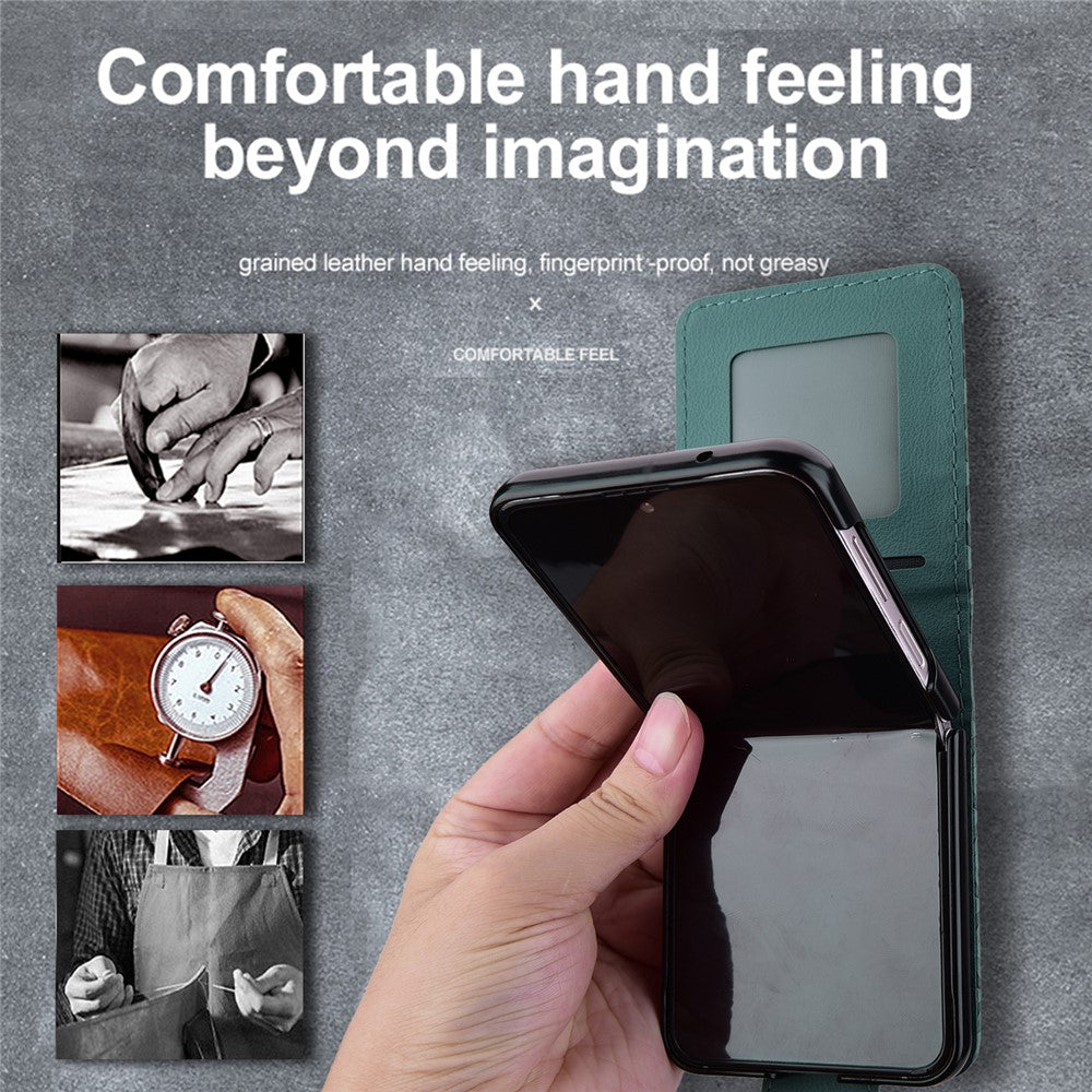 For Samsung Galaxy Z Flip7 5G Case Rhombus Pattern Leather Phone Cover with Wrist Strap - Green