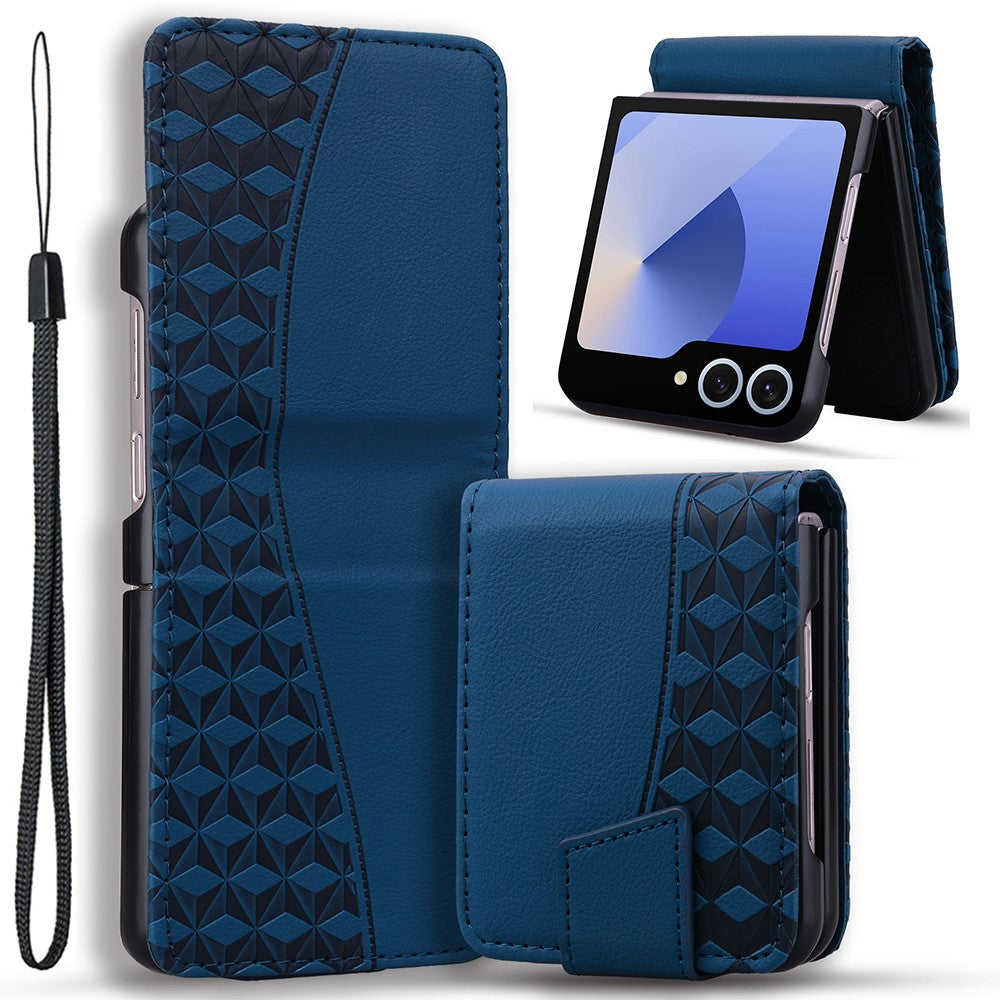 For Samsung Galaxy Z Flip7 5G Case Rhombus Pattern Leather Phone Cover with Wrist Strap - Sapphire
