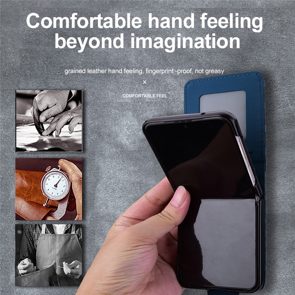 For Samsung Galaxy Z Flip7 5G Case Rhombus Pattern Leather Phone Cover with Wrist Strap - Sapphire