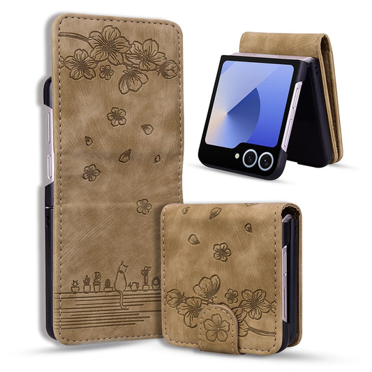 For Samsung Galaxy Z Flip7 5G Case Cherry Blossom Cat Leather Phone Cover with Card Slot - Brown