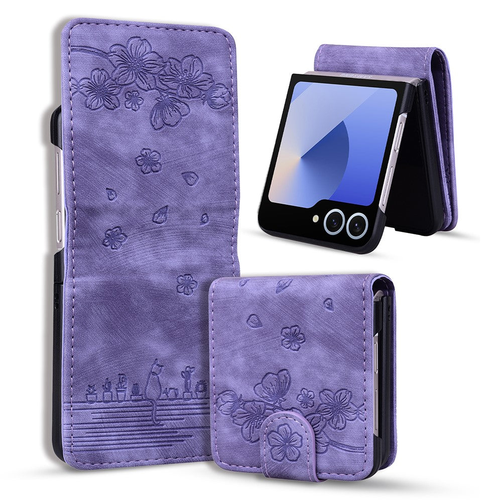 For Samsung Galaxy Z Flip7 5G Case Cherry Blossom Cat Leather Phone Cover with Card Slot - Purple