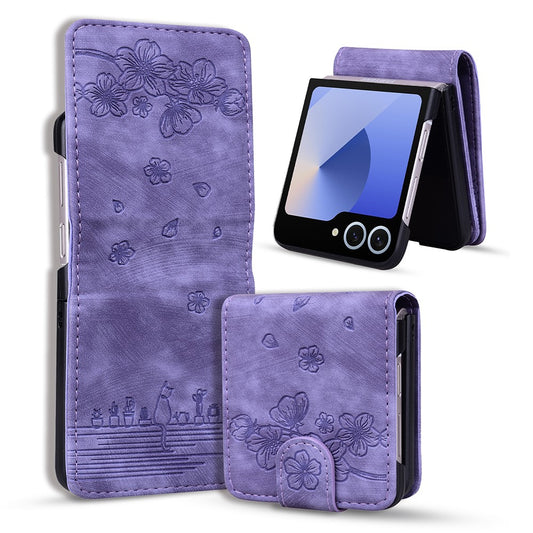 For Samsung Galaxy Z Flip7 5G Case Cherry Blossom Cat Leather Phone Cover with Card Slot - Purple