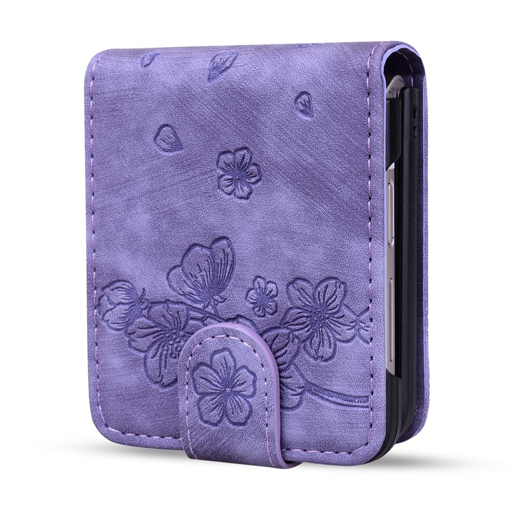 For Samsung Galaxy Z Flip7 5G Case Cherry Blossom Cat Leather Phone Cover with Card Slot - Purple