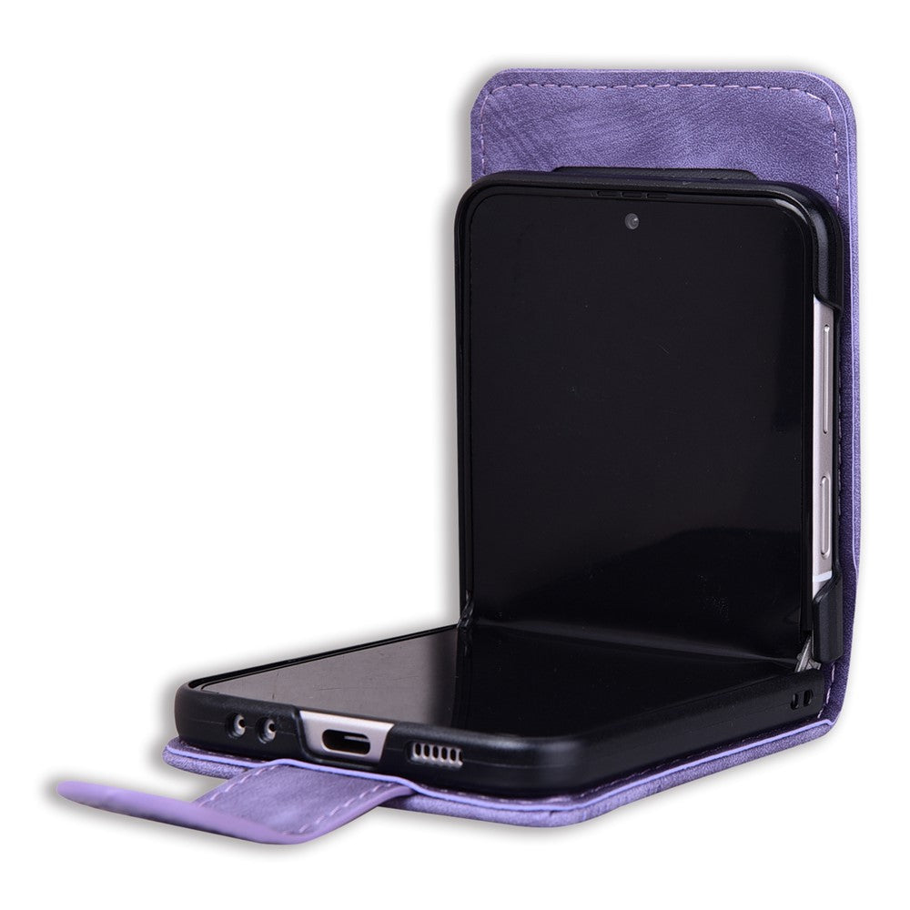 For Samsung Galaxy Z Flip7 5G Case Cherry Blossom Cat Leather Phone Cover with Card Slot - Purple