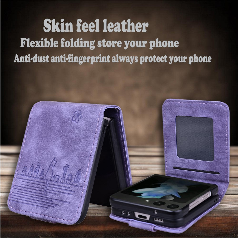 For Samsung Galaxy Z Flip7 5G Case Cherry Blossom Cat Leather Phone Cover with Card Slot - Purple