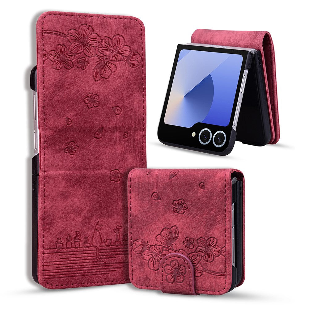 For Samsung Galaxy Z Flip7 5G Case Cherry Blossom Cat Leather Phone Cover with Card Slot - Red