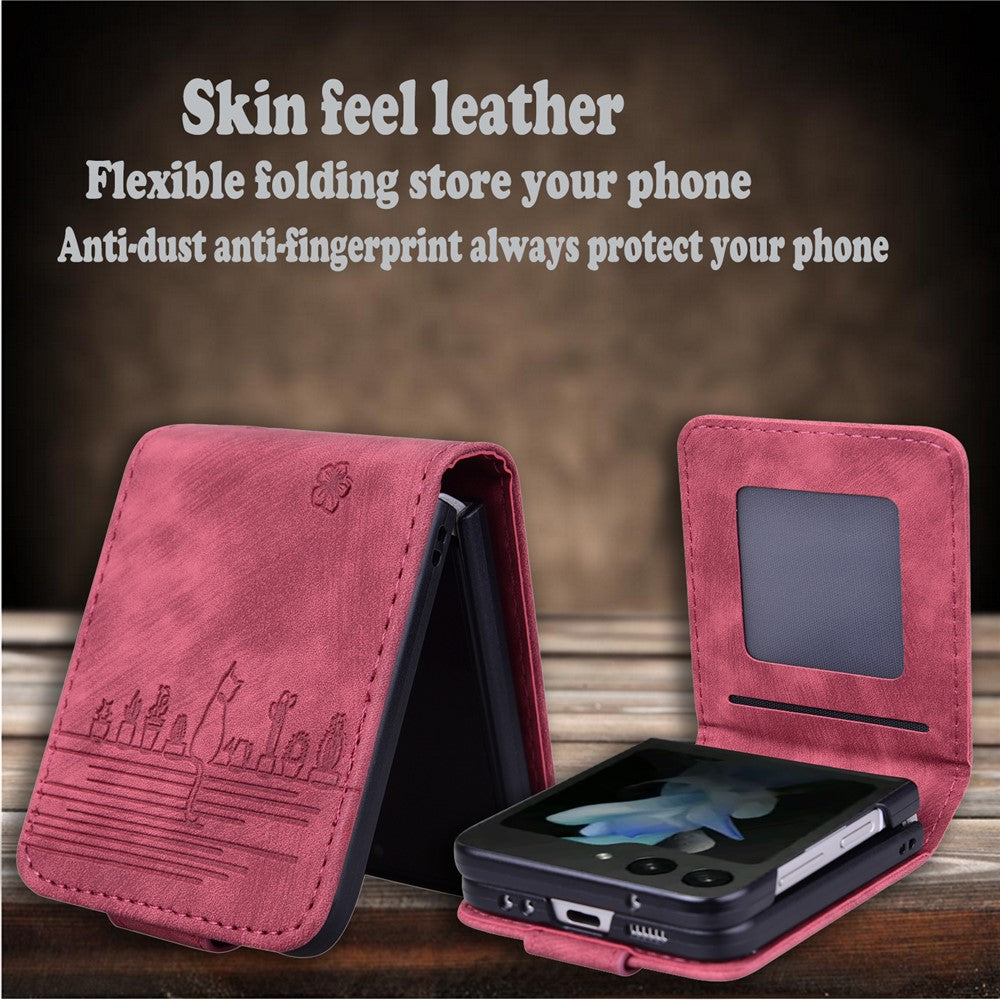 For Samsung Galaxy Z Flip7 5G Case Cherry Blossom Cat Leather Phone Cover with Card Slot - Red