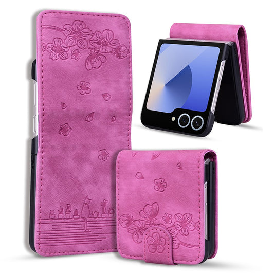 For Samsung Galaxy Z Flip7 5G Case Cherry Blossom Cat Leather Phone Cover with Card Slot - Rose