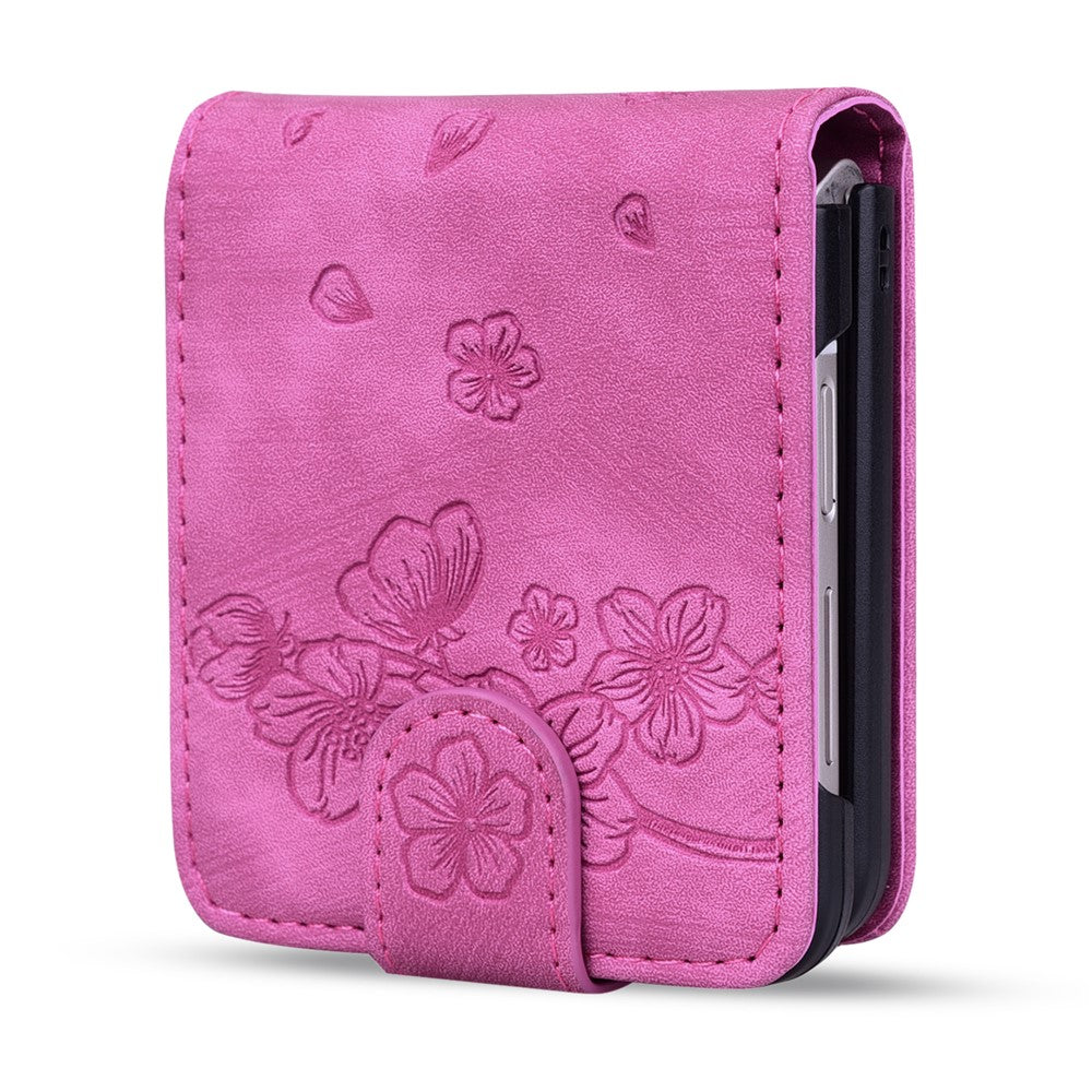 For Samsung Galaxy Z Flip7 5G Case Cherry Blossom Cat Leather Phone Cover with Card Slot - Rose