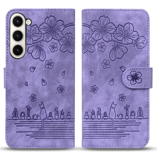 For Samsung Galaxy Z Fold7 5G Case Flip Stand Leather Phone Cover Cherry Blossom Cat Imprinted - Purple