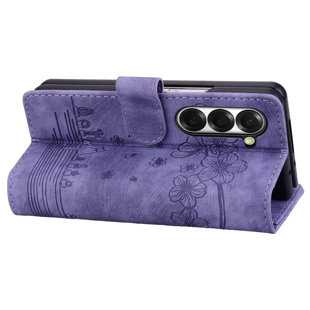 For Samsung Galaxy Z Fold7 5G Case Flip Stand Leather Phone Cover Cherry Blossom Cat Imprinted - Purple