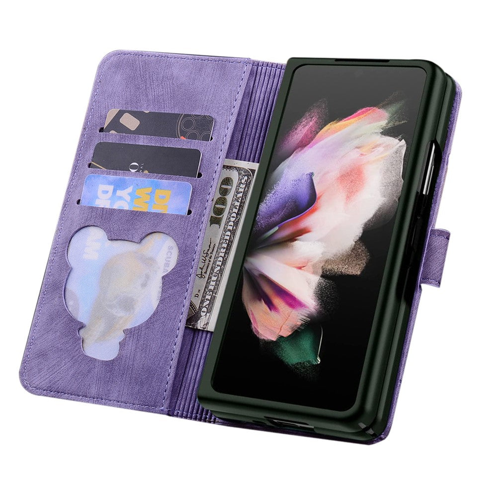 For Samsung Galaxy Z Fold7 5G Case Flip Stand Leather Phone Cover Cherry Blossom Cat Imprinted - Purple