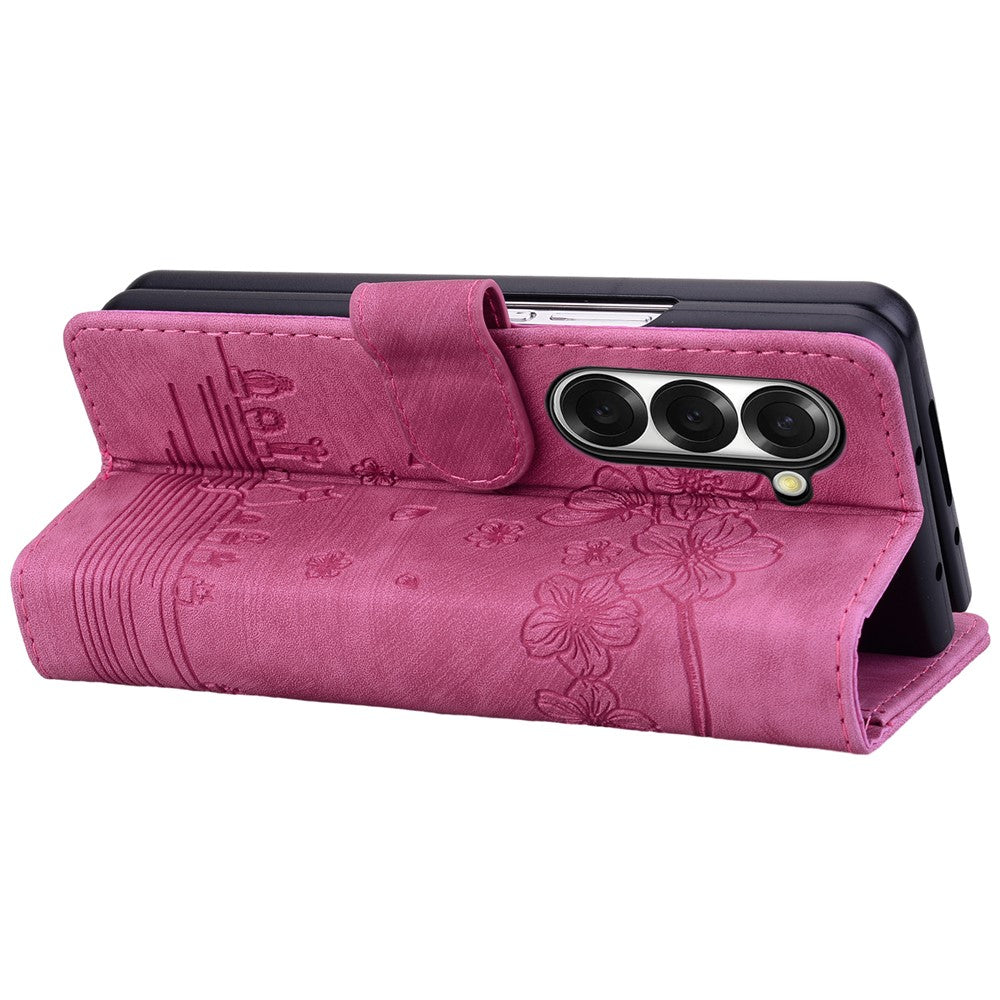 For Samsung Galaxy Z Fold7 5G Case Flip Stand Leather Phone Cover Cherry Blossom Cat Imprinted - Rose