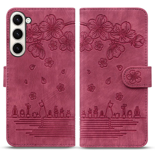 For Samsung Galaxy Z Fold7 5G Case Flip Stand Leather Phone Cover Cherry Blossom Cat Imprinted - Red