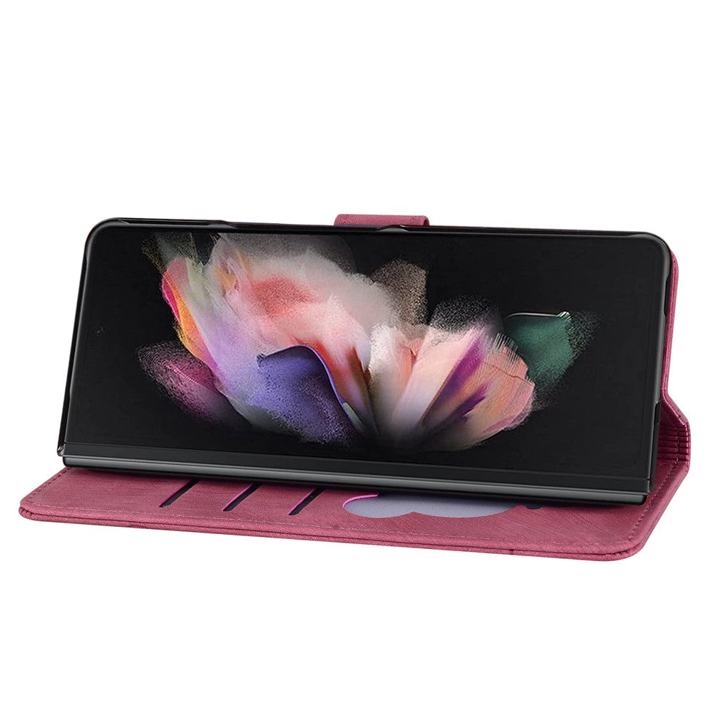 For Samsung Galaxy Z Fold7 5G Case Flip Stand Leather Phone Cover Cherry Blossom Cat Imprinted - Red