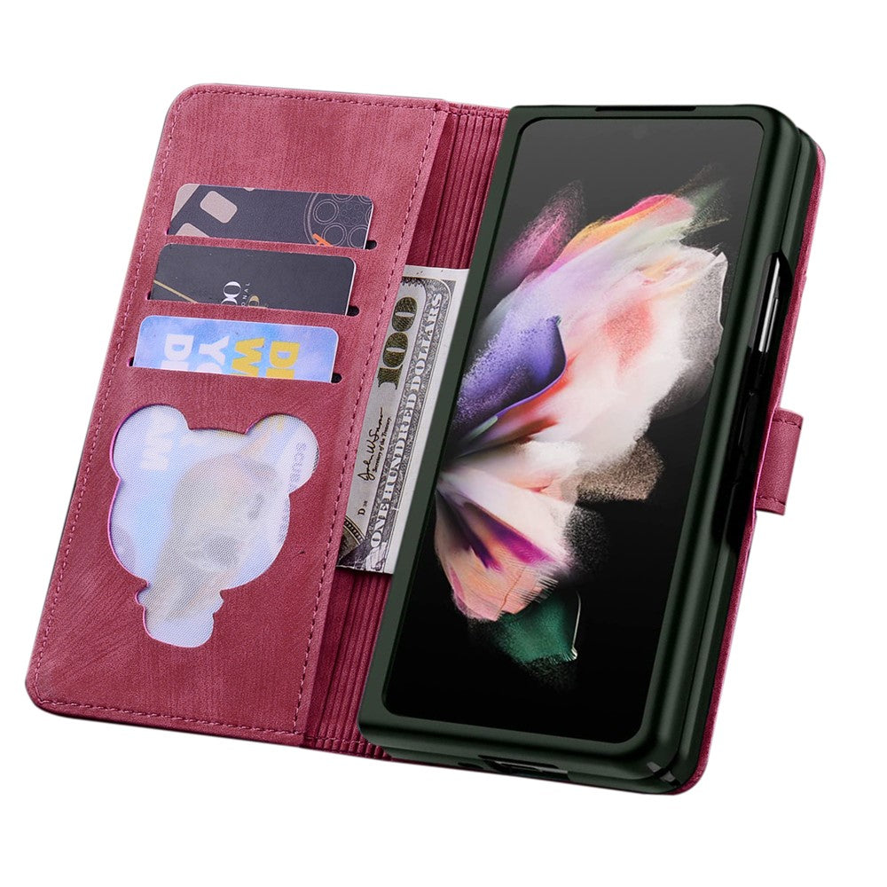 For Samsung Galaxy Z Fold7 5G Case Flip Stand Leather Phone Cover Cherry Blossom Cat Imprinted - Red