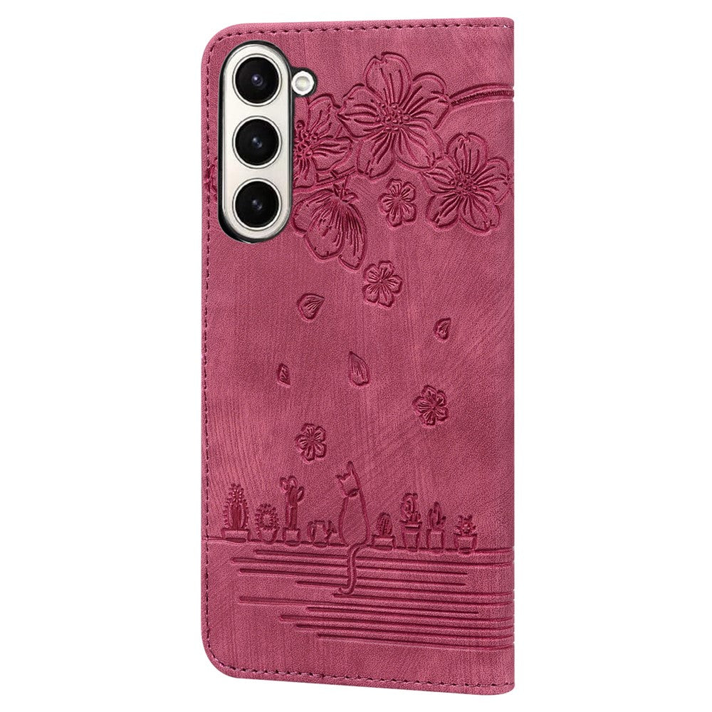 For Samsung Galaxy Z Fold7 5G Case Flip Stand Leather Phone Cover Cherry Blossom Cat Imprinted - Red