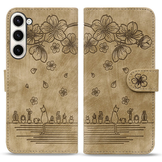 For Samsung Galaxy Z Fold7 5G Case Flip Stand Leather Phone Cover Cherry Blossom Cat Imprinted - Brown