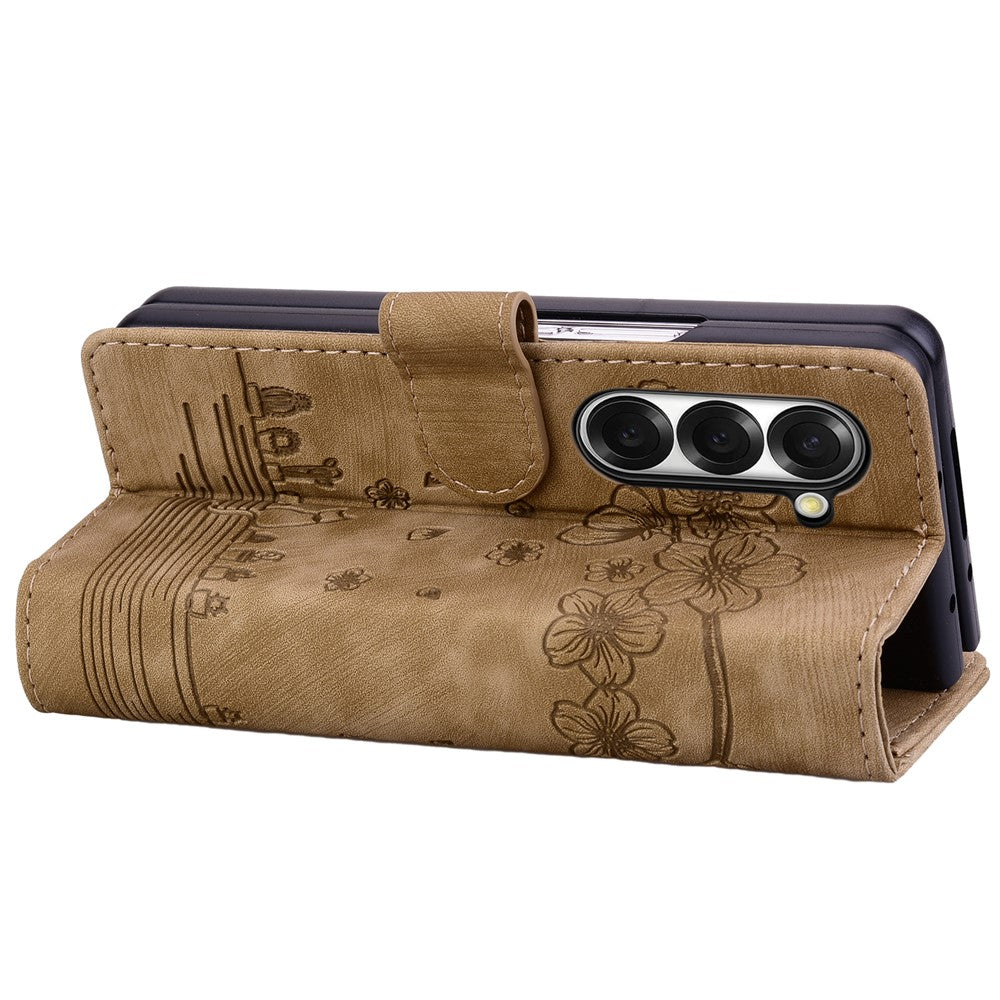 For Samsung Galaxy Z Fold7 5G Case Flip Stand Leather Phone Cover Cherry Blossom Cat Imprinted - Brown