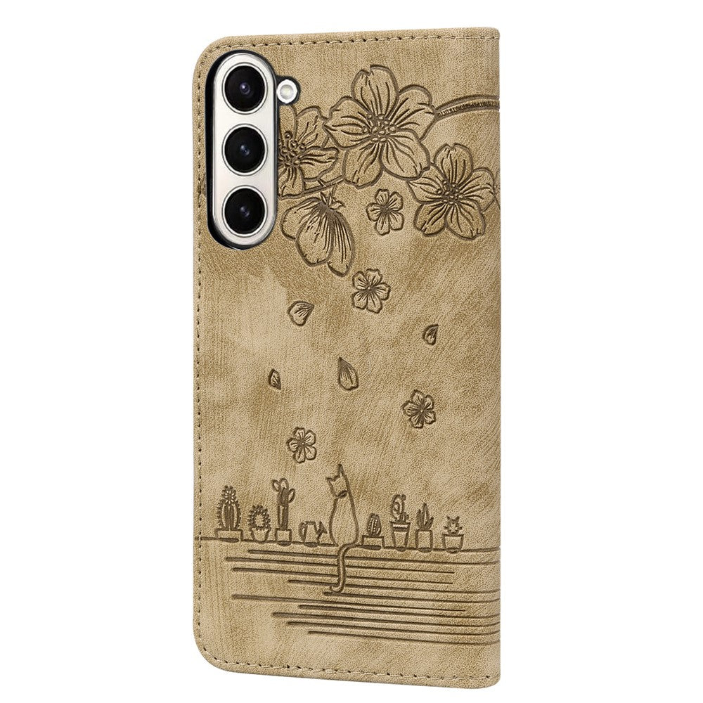 For Samsung Galaxy Z Fold7 5G Case Flip Stand Leather Phone Cover Cherry Blossom Cat Imprinted - Brown