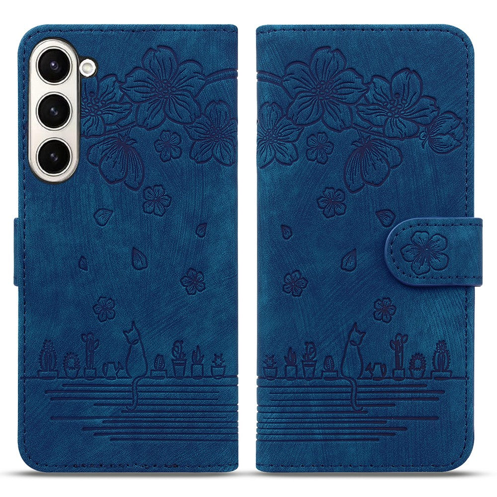 For Samsung Galaxy Z Fold7 5G Case Flip Stand Leather Phone Cover Cherry Blossom Cat Imprinted - Blue