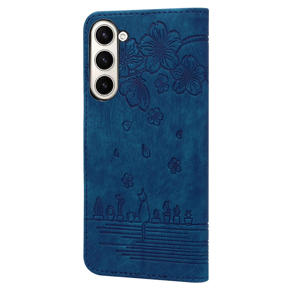 For Samsung Galaxy Z Fold7 5G Case Flip Stand Leather Phone Cover Cherry Blossom Cat Imprinted - Blue