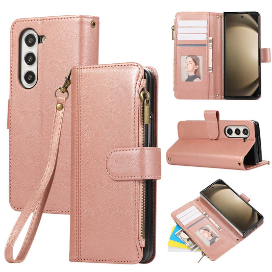 For Samsung Galaxy Z Fold7 5G Case Multi Card Slots Zipper Leather Phone Cover with Wrist Strap - Rose Gold