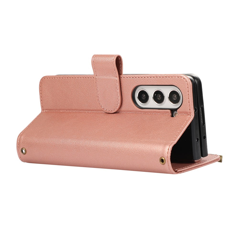 For Samsung Galaxy Z Fold7 5G Case Multi Card Slots Zipper Leather Phone Cover with Wrist Strap - Rose Gold