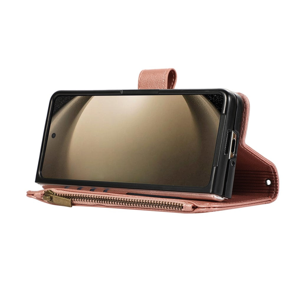 For Samsung Galaxy Z Fold7 5G Case Multi Card Slots Zipper Leather Phone Cover with Wrist Strap - Rose Gold