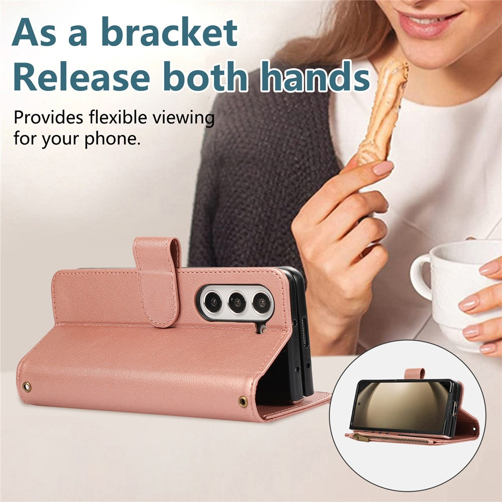 For Samsung Galaxy Z Fold7 5G Case Multi Card Slots Zipper Leather Phone Cover with Wrist Strap - Rose Gold