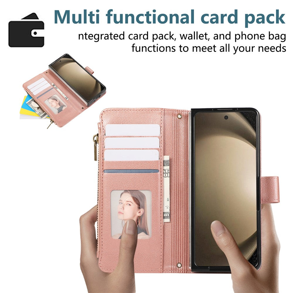 For Samsung Galaxy Z Fold7 5G Case Multi Card Slots Zipper Leather Phone Cover with Wrist Strap - Rose Gold