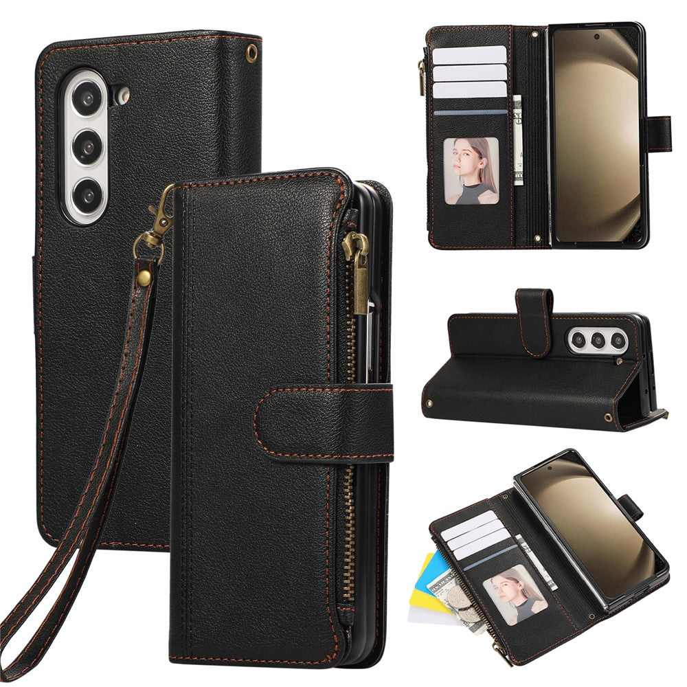 For Samsung Galaxy Z Fold7 5G Case Multi Card Slots Zipper Leather Phone Cover with Wrist Strap - Black