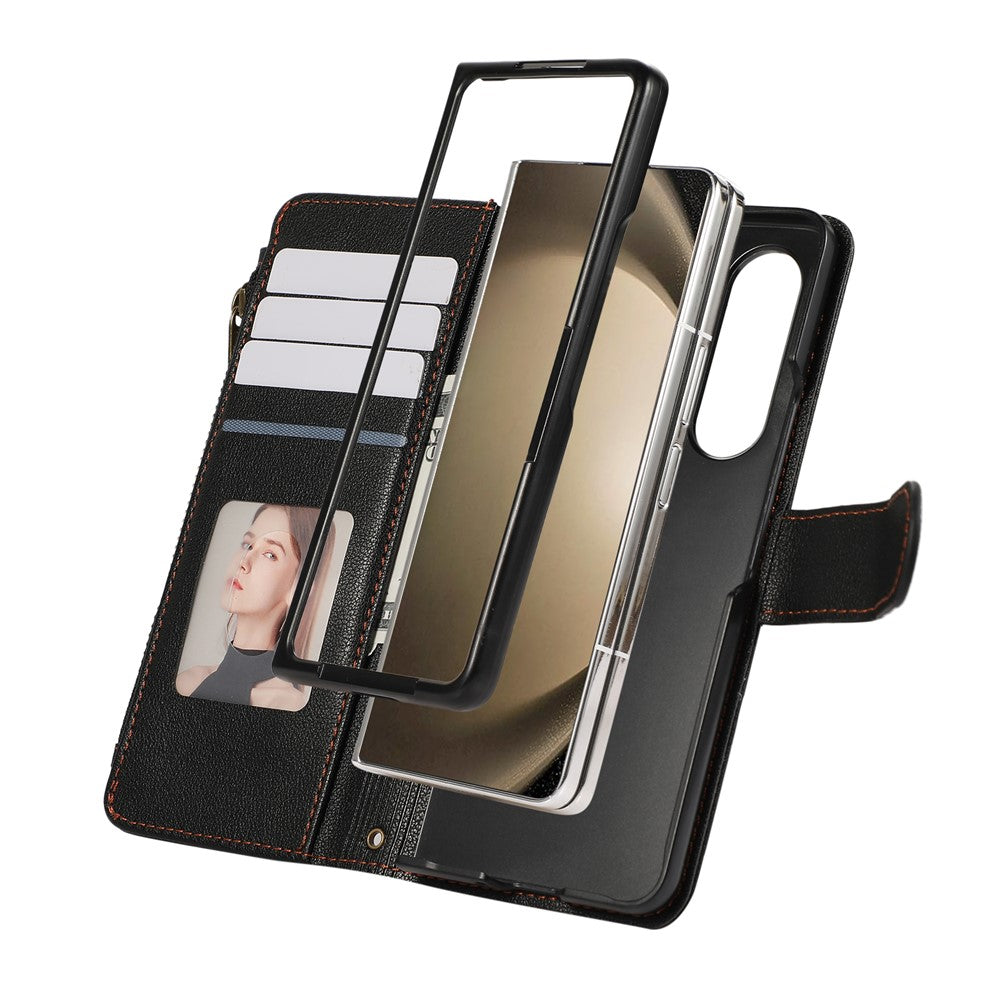 For Samsung Galaxy Z Fold7 5G Case Multi Card Slots Zipper Leather Phone Cover with Wrist Strap - Black