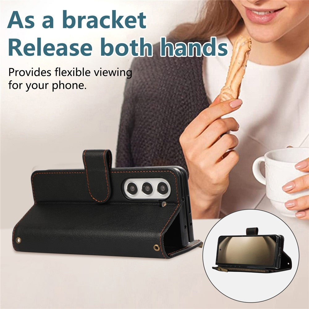 For Samsung Galaxy Z Fold7 5G Case Multi Card Slots Zipper Leather Phone Cover with Wrist Strap - Black