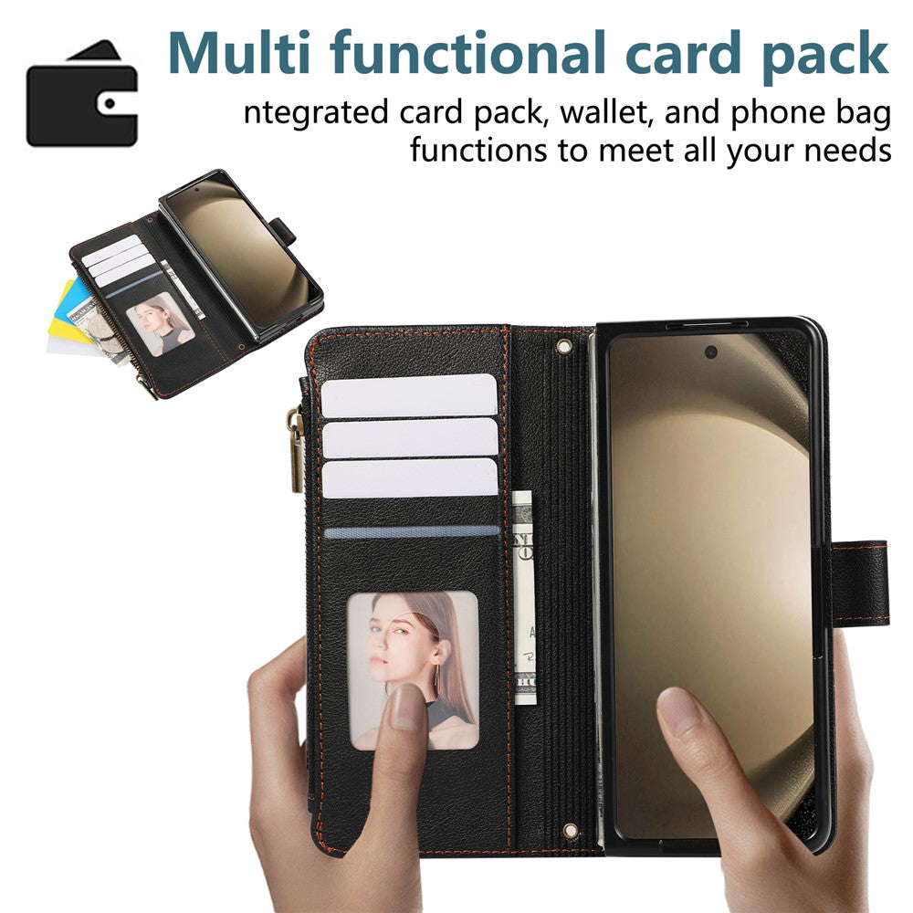 For Samsung Galaxy Z Fold7 5G Case Multi Card Slots Zipper Leather Phone Cover with Wrist Strap - Black