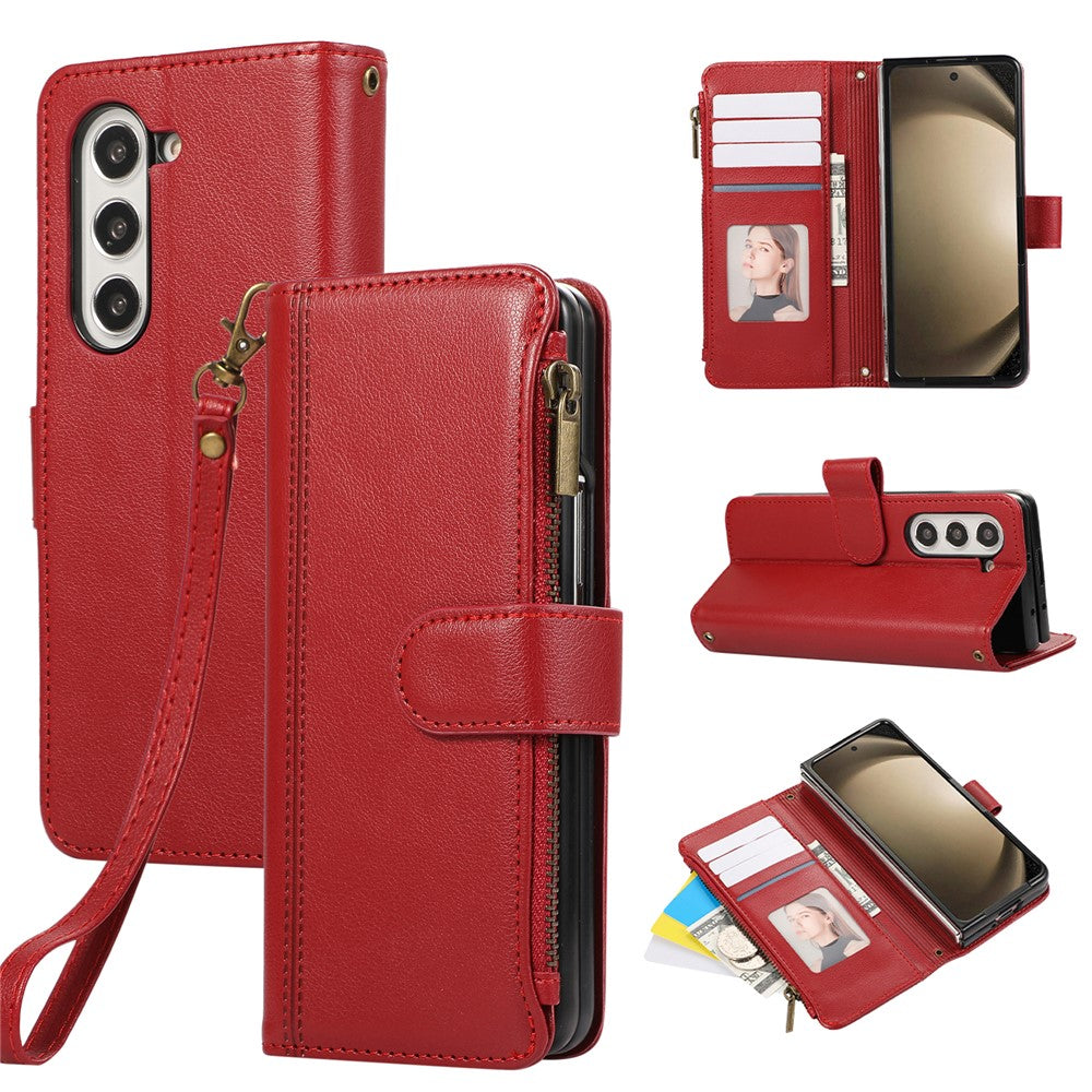 For Samsung Galaxy Z Fold7 5G Case Multi Card Slots Zipper Leather Phone Cover with Wrist Strap - Red