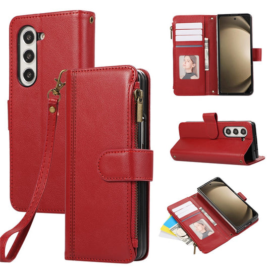 For Samsung Galaxy Z Fold7 5G Case Multi Card Slots Zipper Leather Phone Cover with Wrist Strap - Red