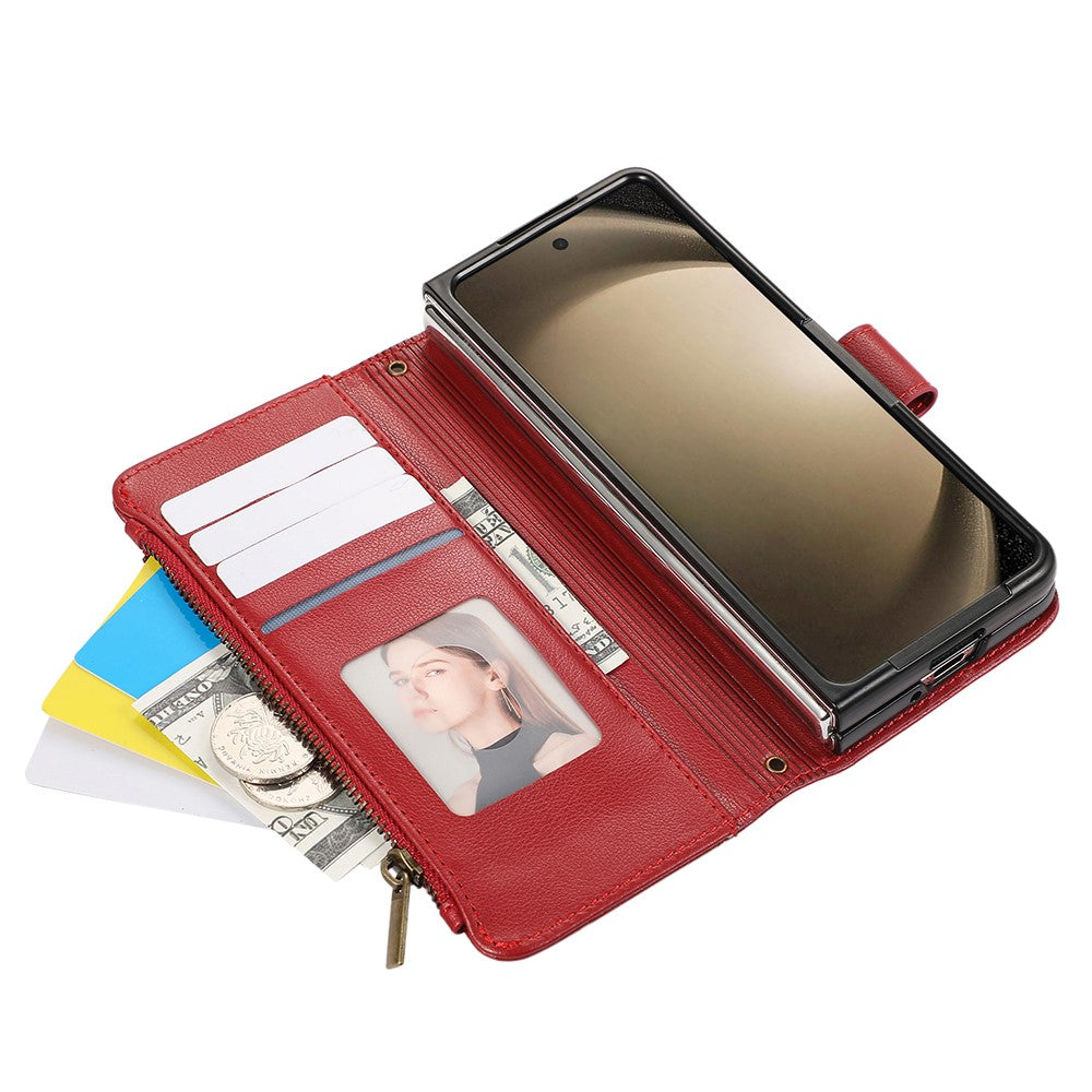 For Samsung Galaxy Z Fold7 5G Case Multi Card Slots Zipper Leather Phone Cover with Wrist Strap - Red