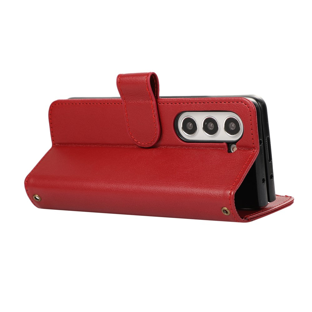 For Samsung Galaxy Z Fold7 5G Case Multi Card Slots Zipper Leather Phone Cover with Wrist Strap - Red