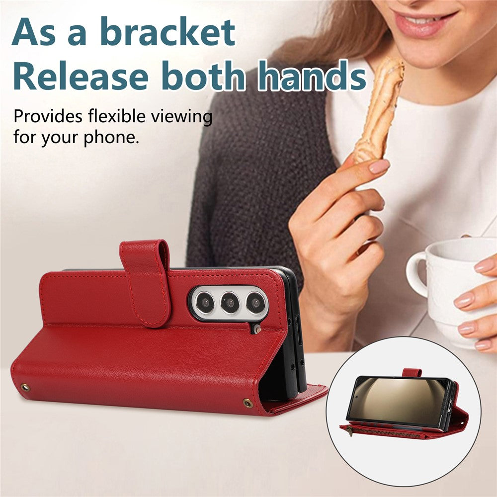 For Samsung Galaxy Z Fold7 5G Case Multi Card Slots Zipper Leather Phone Cover with Wrist Strap - Red