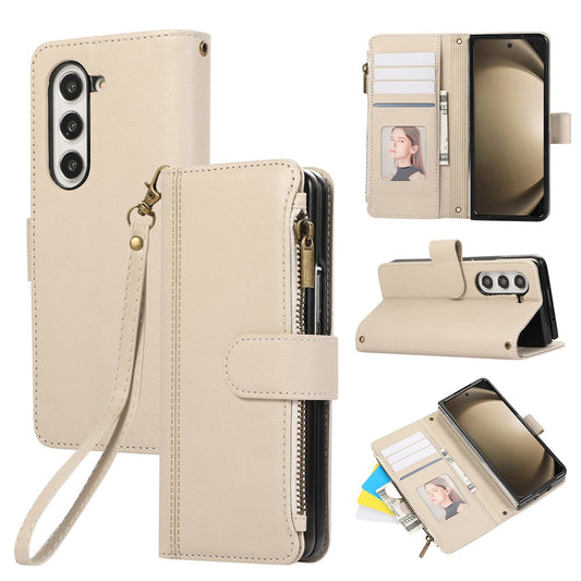 For Samsung Galaxy Z Fold7 5G Case Multi Card Slots Zipper Leather Phone Cover with Wrist Strap - Beige