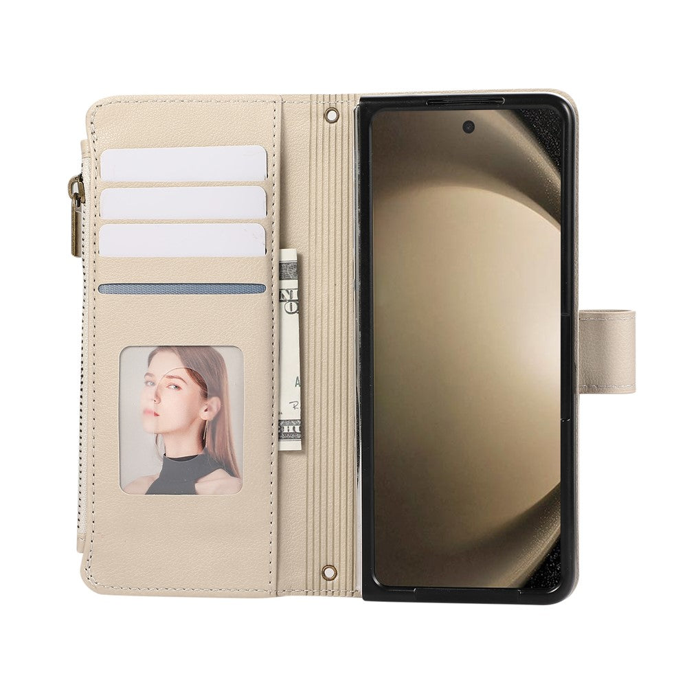 For Samsung Galaxy Z Fold7 5G Case Multi Card Slots Zipper Leather Phone Cover with Wrist Strap - Beige