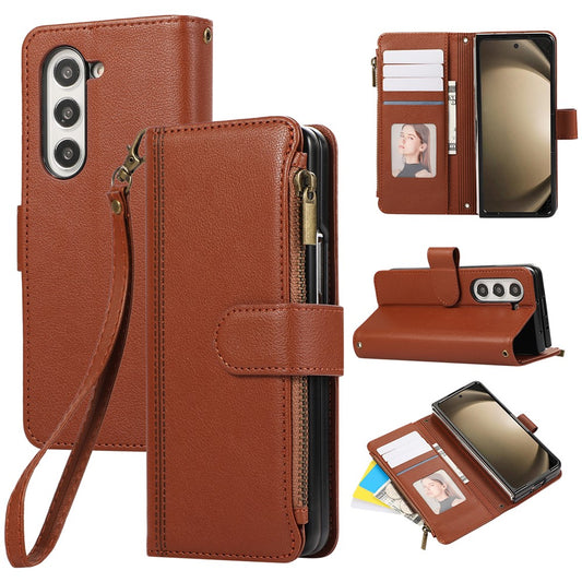 For Samsung Galaxy Z Fold7 5G Case Multi Card Slots Zipper Leather Phone Cover with Wrist Strap - Brown