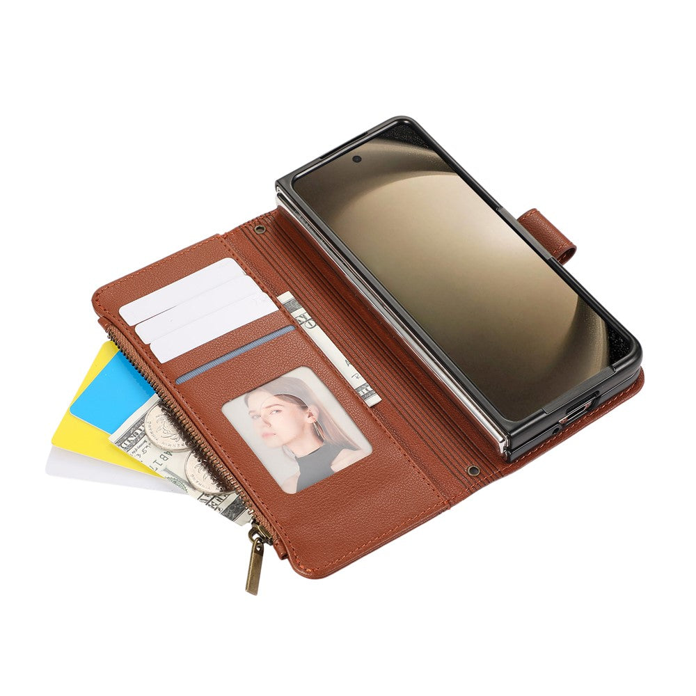 For Samsung Galaxy Z Fold7 5G Case Multi Card Slots Zipper Leather Phone Cover with Wrist Strap - Brown