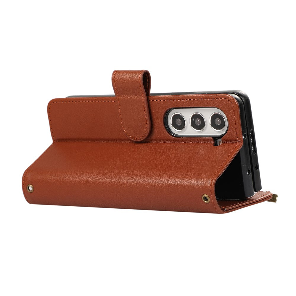 For Samsung Galaxy Z Fold7 5G Case Multi Card Slots Zipper Leather Phone Cover with Wrist Strap - Brown