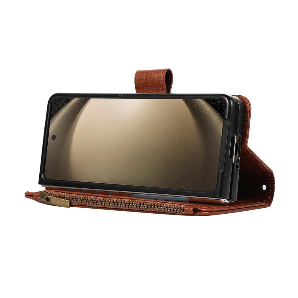 For Samsung Galaxy Z Fold7 5G Case Multi Card Slots Zipper Leather Phone Cover with Wrist Strap - Brown